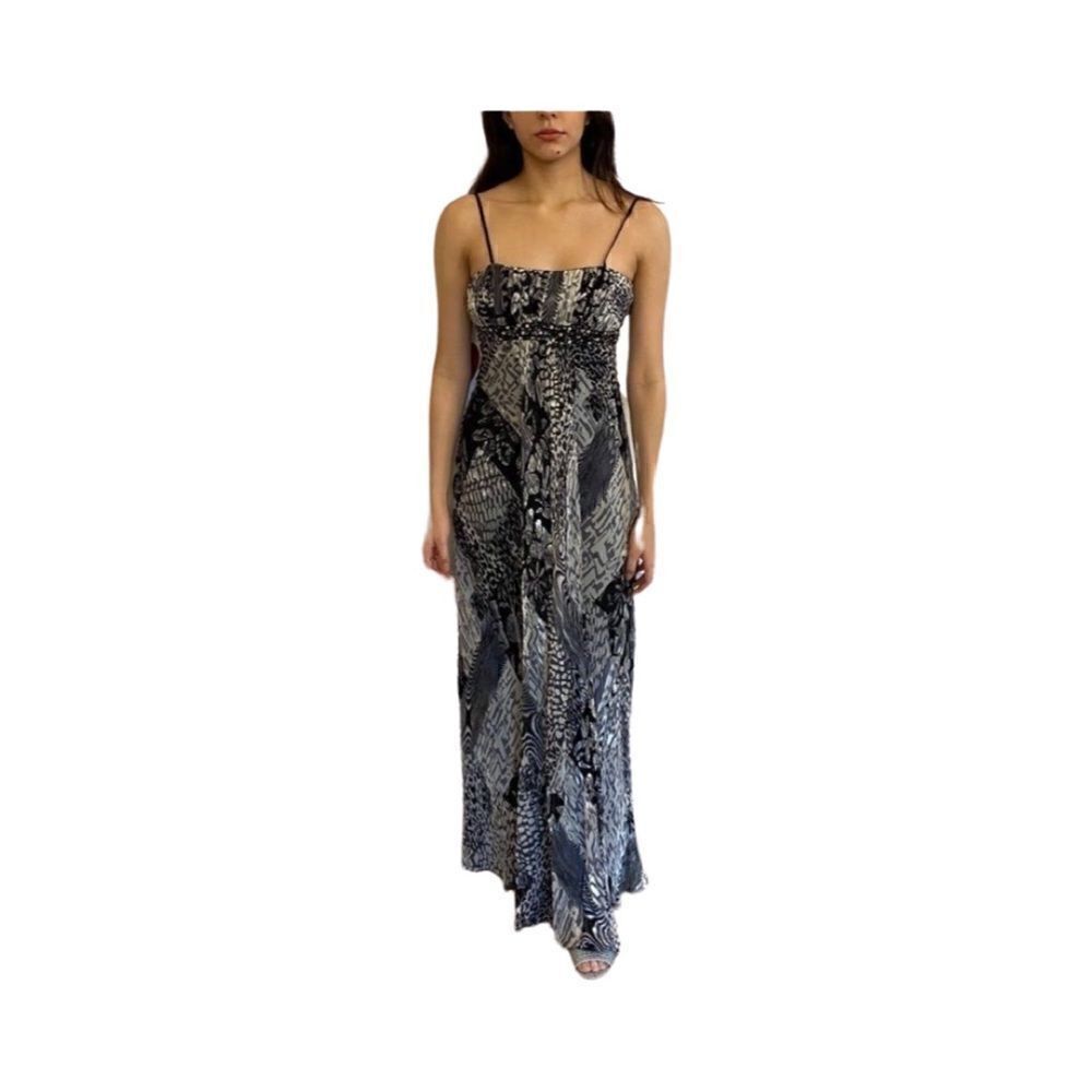 Nina Austin long  print dress w/ bead accents